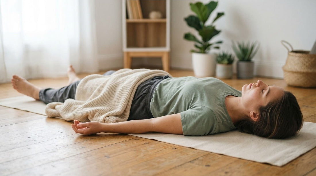 Person relaxing in Savasana covered with a yoga blanket during a yoga practice.