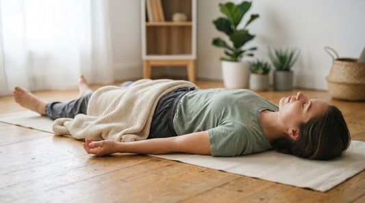 Person relaxing in Savasana covered with a yoga blanket during a yoga practice.