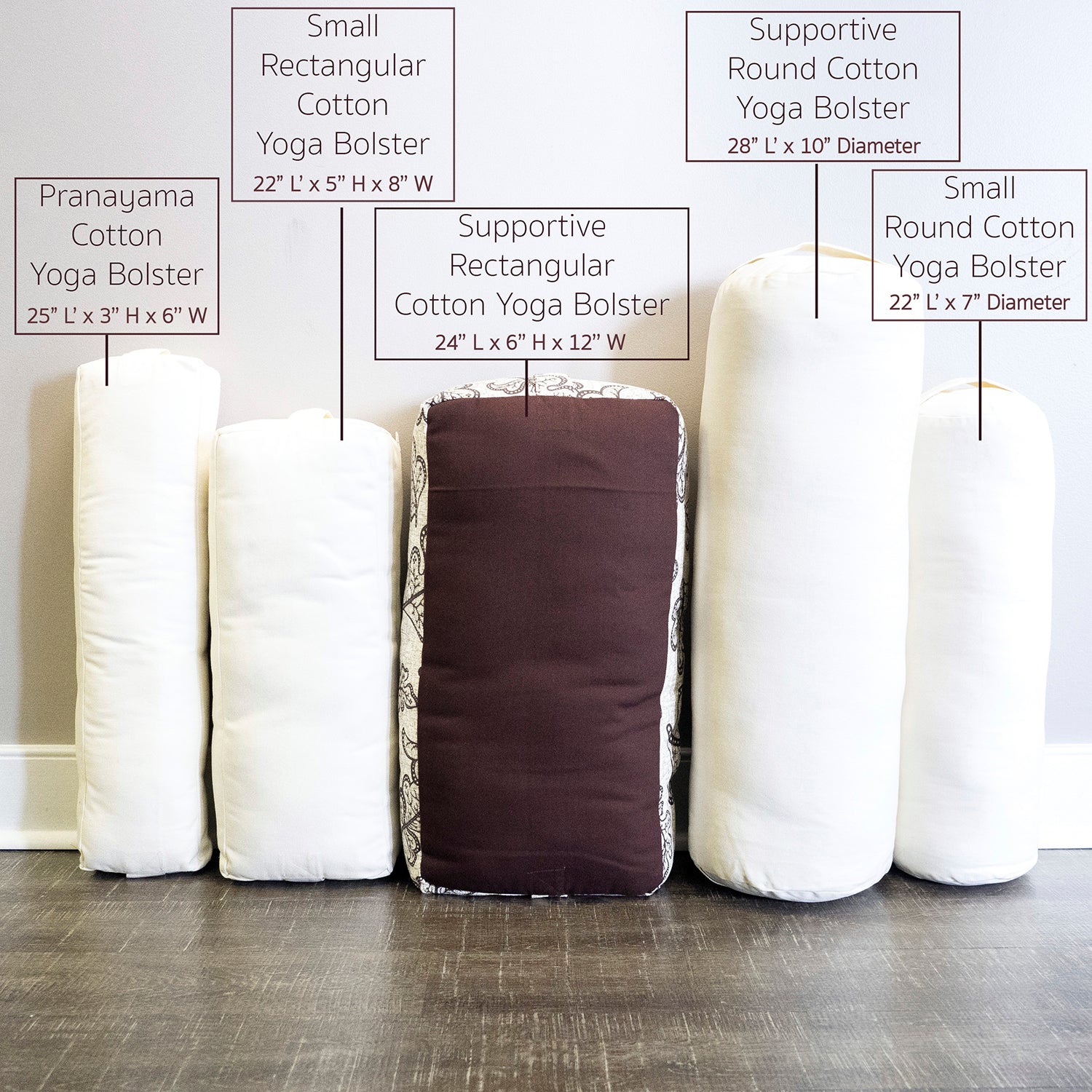 small medium large bolster sizes 20 to 60 inches side by side